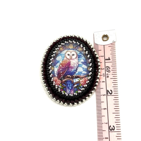 Hand Crafted Colorful Owl Beaded Brooch with Garnet Crystals - Picture 5 of 6